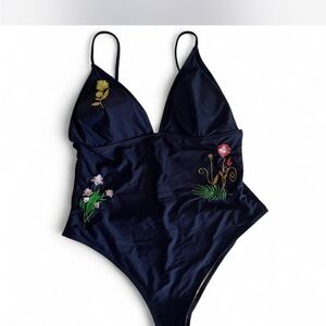 Cupshe Floral Embroidered Navy Blue One Piece Swimsuit